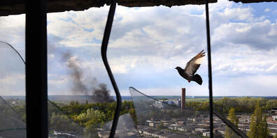Blick aus dem zerstörten Fenster eines Gebäudes. Russland hat nach ukrainischen Angaben erneut auch nicht-militärische Ziele in der Ukraine mit Raketen angegriffen. Foto: Carol Guzy/ZUMA Press Wire/dpa