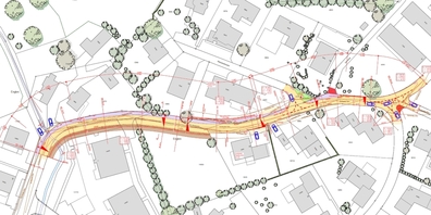 Ausschnitt aus dem Situationsplan des aufliegenden Strassenbauprojekts Rietwiesstrasse 3. Etappe.