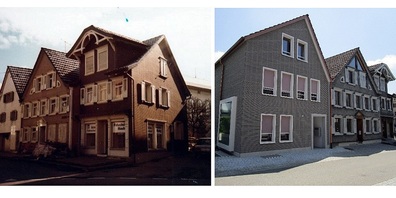 Kronenstrasse 4 einst und heute. Links die Häuserreihe früher, mit der inzwischen abgebrochenen Tonhalle im Hintergrund. Rechts der neu gebaute Hausteil, der sich optimal einordnet.