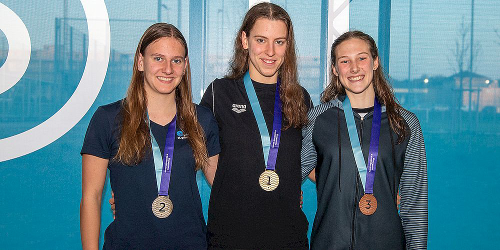 Das Podest über 1500m Freistil: Celine Weil (SVSW), Julia Mattoscio (SC Schaffhausen) und Emma Federsdorf (SV Basel).