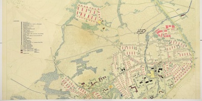Ein Vorschlag aus dem Ideenwettbewerb 1946 zur künftigen Entwicklung der Gemeinde. Gelb sind neue Strassen, rot neue Häuser. Schon aufgezeigt ist die Idee der später gebauten Gupfenstrasse. Die Spange nordwärts ab der Augartenkreuzung hingegen blieb eine Idee.