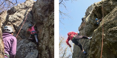 Verschneidungskletterei im „top rope“, also mit oben umgelenktem Seil.  -  Überhängende Stellen forderten heraus.