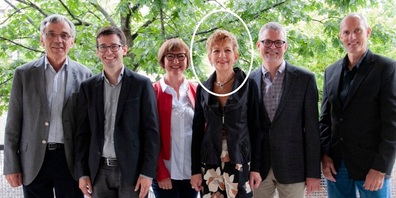 Rektorin Doris Dietler Schuppli im Kreise ihres Schulleitungsteams: v. l.  Richard Wohlfender, René Greminger, Milena Ferigutti, Doris Dietler Schuppli, Daniel Jabornegg und Reto Müller .