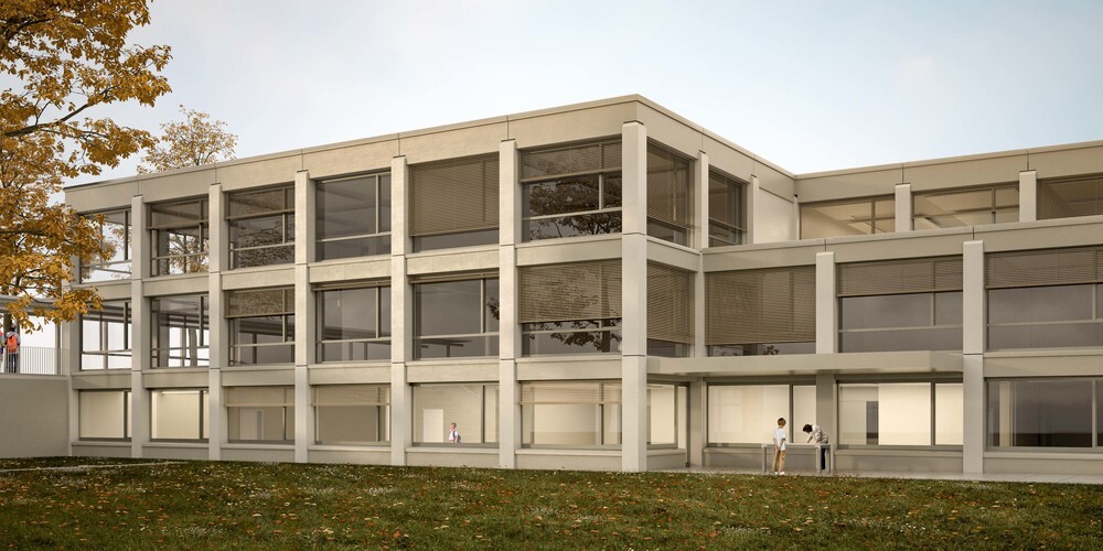 Westtrakt des Schulhauses Riedmatt: So soll die neue Fassade dereinst aussehen (Blick Richtung Osten).