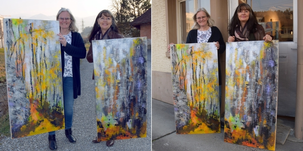 Carmen Müller (jeweils links) und Sandra Raymann mit ihrem zweiteiligen Werk «Fallenbrugg».