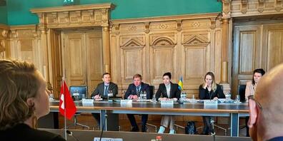 Nationalratspräsidentin Irene Kälin und Bundesparlamentarier haben am Samstag die beiden ukrainischen Parlamentarierinnen Maria Mezentseva und Olena Khomenko sowie den ukrainischen Botschafter Artem Rybchenko getroffen.