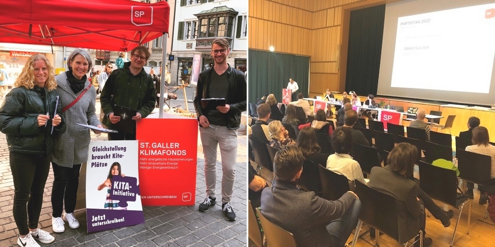 Für die Klimafonds-Initiative konnten SP und Verbündete über 5'200 Unterschriften sammeln. Am SP-Parteitag (r.) war die Freude darüber gross.