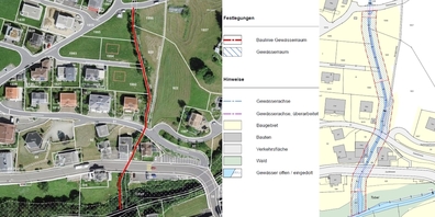 Situationsplan (l.) und Sondernutzungsplan Gewässerraum Sigenbach mit Festlegungen und Hinweisen.