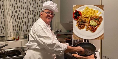 Eugen kocht Kalbsfilet mit dreierlei Saucen, gedämpfte Tomate mit Spinat und Butternudeln. 
