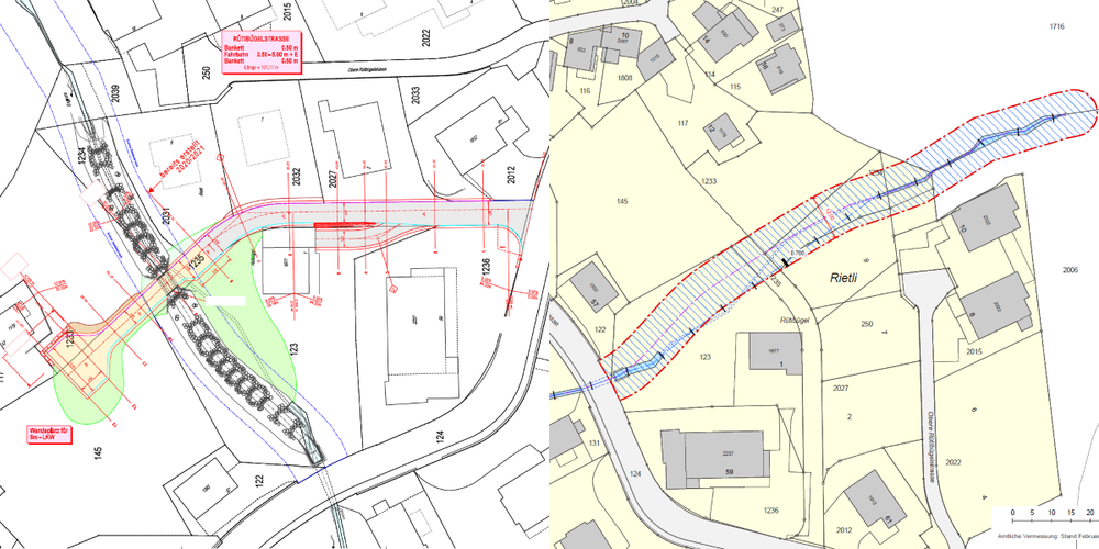 Das Erschliessungsprojekt im Rütibügel kommt zur Mitwirkung. Dazu gehört eine Strasse (l.) und die Festlegung des Gewässerraums der Engiruns.