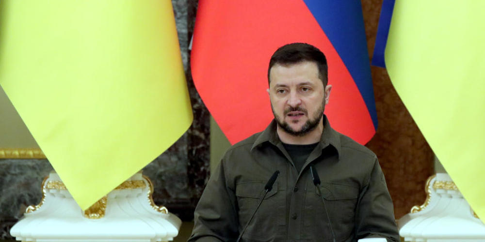 Wolodymyr Selenskyj, Präsident der Ukraine, während einer Pressekonferenz in Kiew. Foto: ---/ukrin/dpa