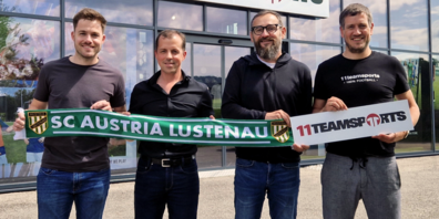 Mark de Wit (Director Pro-Clubs & Teamsport bei 11teamsports Österreich), Vincent Baur (Geschäftsführer SC Austria Lustenau GmbH), Thomas Steingreß (Gebietsrepräsentant Österreich uhlsport GmbH), Dietmar Wieser (Geschäftsführer 11teamsports Österreich)