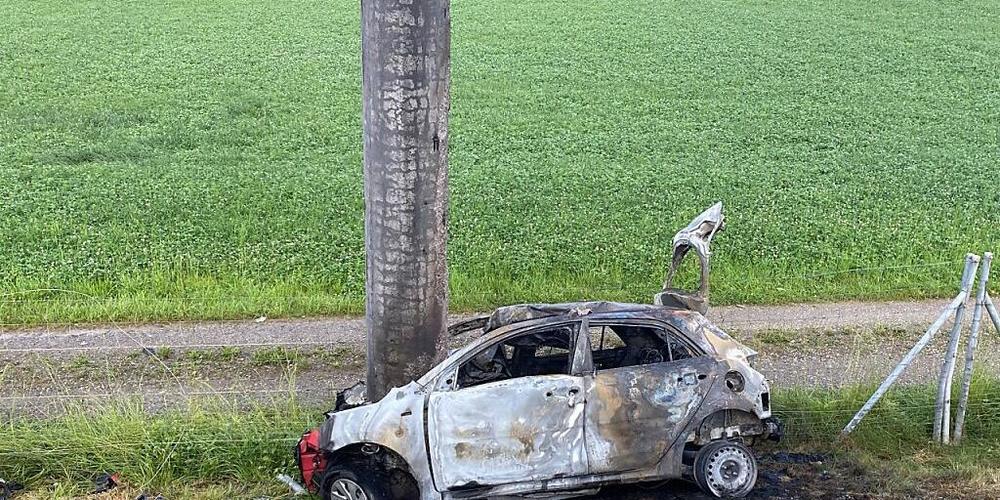 Das Auto fing nach der Kollision mit dem Strommast in Wängi TG Feuer. Ein Mensch verbrannte dabei.