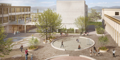 So könnte es dereinst im Schulhof aussehen: in der Mitte das bestehende Schulhaus Burggasse, links der Schulhausneubau und rechts die neue Turnhalle Burggasse inklusive Musik- und Unterrichtsräume. Im Bereich darunter die neue Tiefgarage mit 98 Parkplätzen.