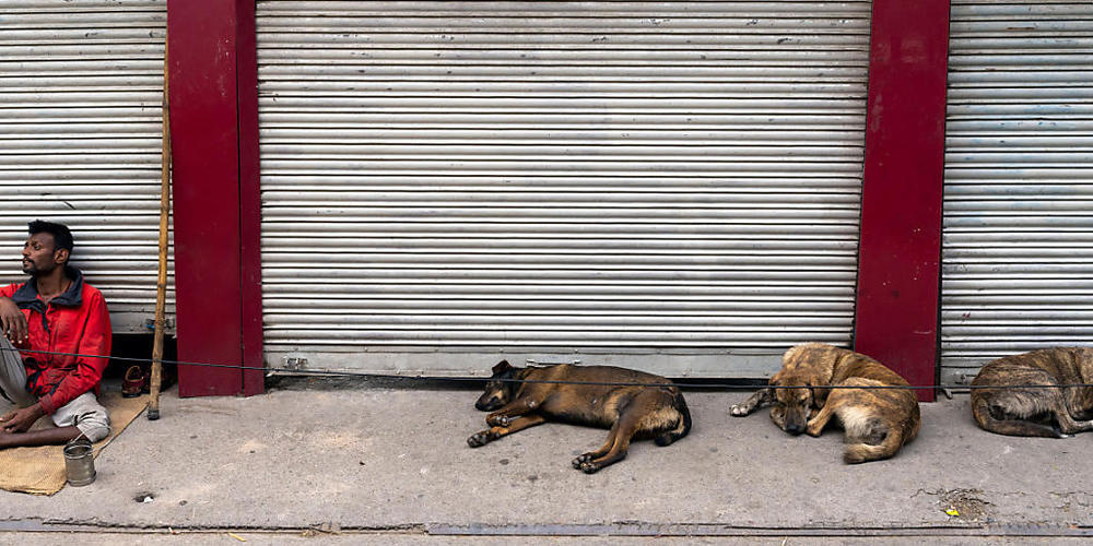 dpatopbilder - ARCHIV - Ein Bettler sitzt neben schlafenden Straßenhunden vor geschlossenen Geschäften. Foto: Ashwini Bhatia/AP/dpa
