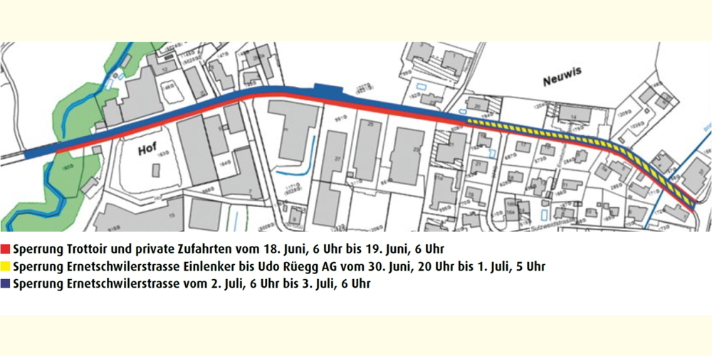 Übersichtskarte zu den geplanten Sperrungen der Ernetschwilerstrasse.