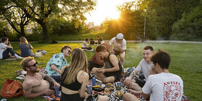 Laue Sommernacht: Junge Menschen geniessen den Mittwochabend bei Sonnenuntergang im Schindlergut Park in Zürich.