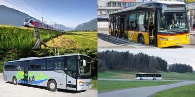 Am Tarifverbund OSTWIND sind unter anderem Südostbahn (l.o.), Autobetrieb Weesen-Amden (l.u.), Postauto (r.o.) und Schneider Busbetriebe beteiligt.