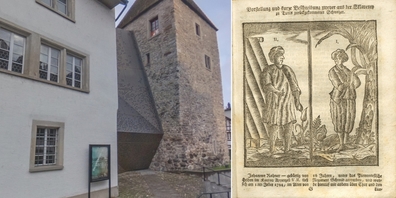 Holzschnitt im Appenzeller Kalender 1808 (r.) mit den beiden aus der Sklaverei zurückgekehrten Schweizern.