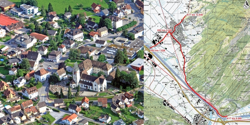 Übersichtsplan (r.) zur geplanten Lärmsanierung in Schänis an den Kantonsstrassen (rot) entlang.