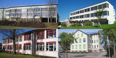 Die Schulhäuser Kirchacker (l.o.), Obergass (l.u.) und Dorf (r.u.) in Eschenbach sowie ein Schulhaus in St.Gallenkappel.