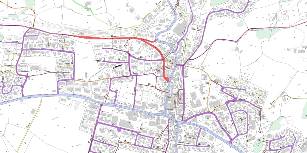 Ausschnitt Detailplan Baugebiet Zentrum des revidierten Kaltbrunner Gemeindestrassenplans.