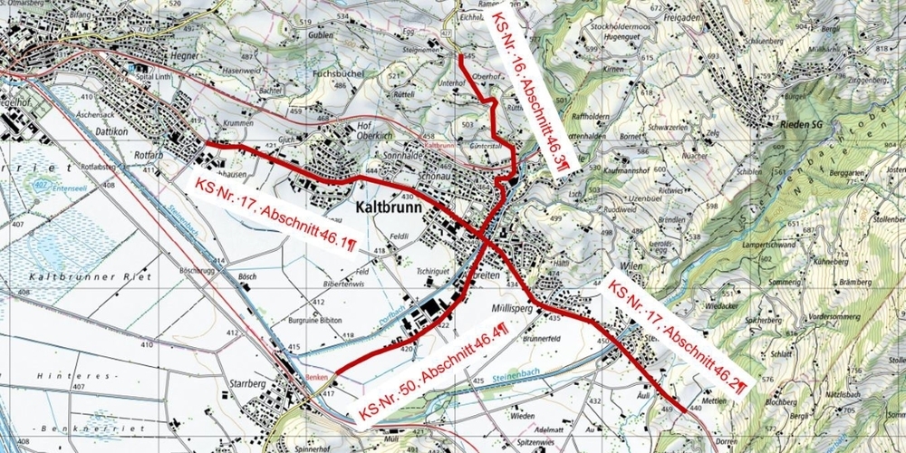 Übersichtskarte der vom Projekt betroffenen Kantonsstrassenabschnitte in Kaltbrunn (rot markiert).