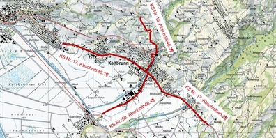 Übersichtskarte der vom Projekt betroffenen Kantonsstrassenabschnitte in Kaltbrunn (rot markiert).