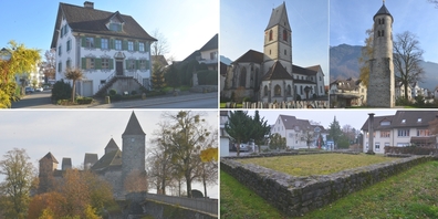 Fünf Bauten und Stätten nationaler Bedeutung aus dem Linthgebiet: (v.l.n.r.) (oben) Custorhaus Eschenbach, Kirche St. Sebastian und Gallusturm Schänis, (unten) Schloss Rapperswil, römisches Forum Kempraten.