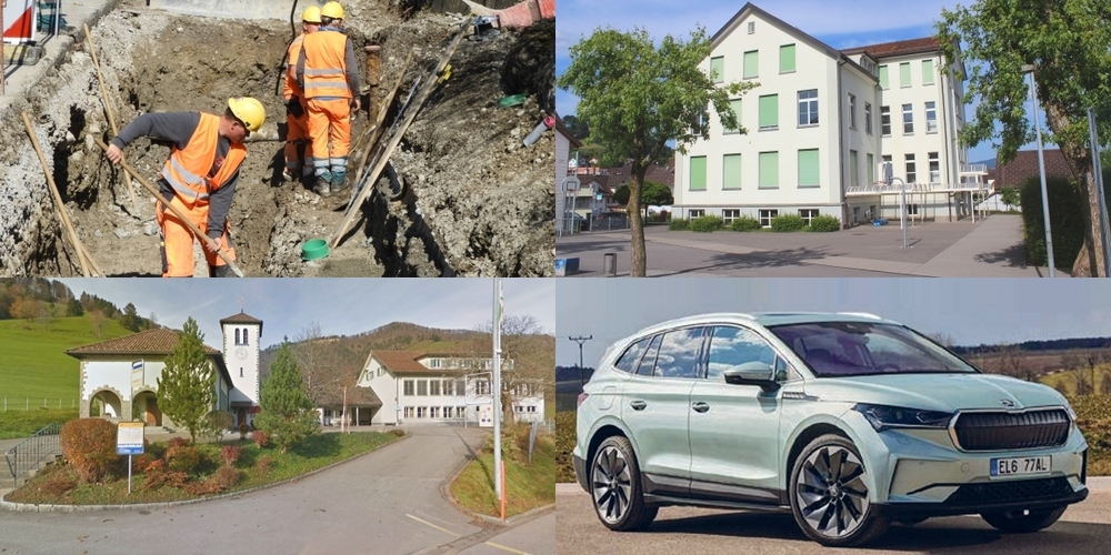 Vergeben wurden u.a. Bauarbeiten an Leitungen und Strassen, neue Schulhaustüren (r.o.), eine Sanierungsplanung (l.u.) und ein Fahrzeugkauf (r.u.).