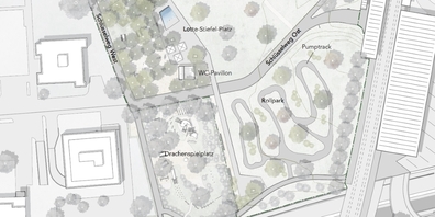Der Rollpark südlich des Schlüsselwegs zwischen Bahndamm und Drachenspielplatz wurde den Plänen nachträglich zugefügt.