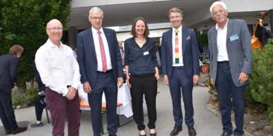 Die Rednerinnen und Redner: Geschäftsleiter MAiH Thomas Langer, Regierungsrat Paul Signer, Geschäftsleiterin MAiH Pascale Brei, Gemeindepräsident von Heiden Gallus Pfister und Verwaltungsratspräsident MAiH Othmar Kehl.
