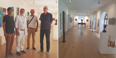 (v.l.) Paul Steiner (Schänis), Peter Kuyper (Kaltbrunn), Adrian Künzi (Dürnten), Martin Arnold Rohr (Rapperswil) und Oskar Dalvit (Amden, nicht im Bild) stellen Holz-Kunst (r.) aus.