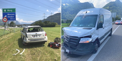 Das in den Selbstunfall involvierte Auto (l.) landete im Wiesland. Eines von drei beim folgenden Unfall beschädigten Fahrzeuge. Verletzt wurde niemand.