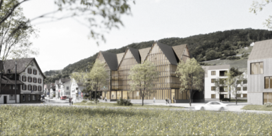 Das neue Hauptgebäude der Alpha Rheintal Bank als markantes Dorf-Eingangstor. Verfasser des Siegerprojektes ist das Architekturbüro Baumschlager Hutter Partners aus Heerbrugg.