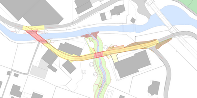 Kartenausschnitt zum Kaltbrunner Bauprojekt Sanierung Obermühlestrasse mit Neubau Obermühle- / Kirnenbachbrücke.