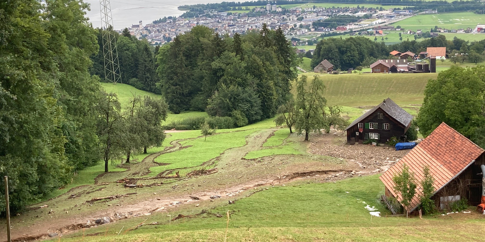 Die Unwetter von 2021 richteten zahlreiche Schäden an, wie hier im Bild im Grund, am Hinterberg in Galgenen.