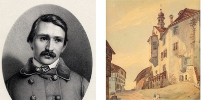 Johann Georg Müller und eine seiner Zeichnungen (ehemalige Rückansicht des Hofs mit Dienerschaftskapelle, von der Hofbergstrasse gesehen).  