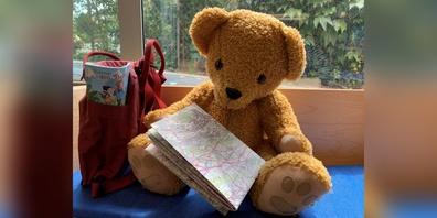 Der Bär hat lustige Geschichten in seinem Rucksack mitgebracht.
