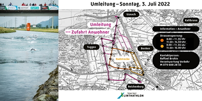 Eine Karte (r.) informiert über die Umleitungen und Sperrungen in Benken anlässlich des Linthathlons 2022.