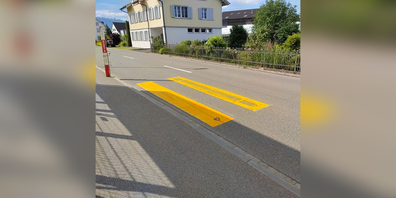 Ein Zebrastreifen, der zu einem Zaun führt. 