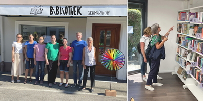 Das Bibliotheksteam (l.) und Besucherinnen beim Schmökern am Eröffnungstag.