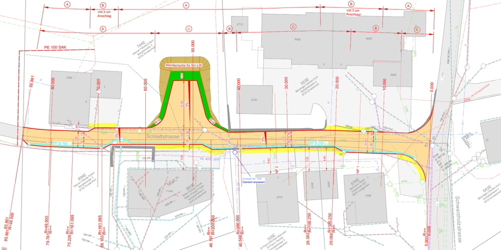 Ausschnitt des Situationsplans zum Ausbau- und Sanierungsprojekt für die Schlattstrasse in Ernetschwil.