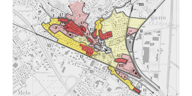 Gemeinde Sargans überarbeitet Schutzverordnung: Bestehende Kategorisierung durch Isos. Dunkelrot = Gebiet und Baugruppe mit Substanzerhaltung. Hellrot = Umgebungszone mit Erhaltung der Beschaffenheit. Dunkelgelb = Gebiet und Baugruppe mit Strukturerhaltung. Hellgelb = Umgebungszone mit Erhaltung der Eigenschaften. 
