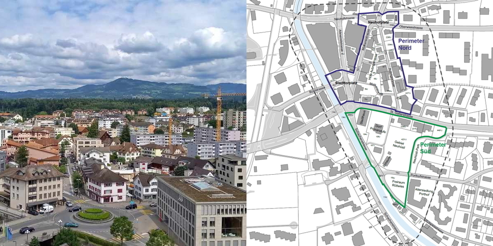 Perimeterplan (r.) zur Testplanung östliches Zentrum Jona: Betrachtungsperimeter (schwarz), Perimeter Nord (Geviert Aubrigstr. / Molkereistr., blau), Perimeter Süd (Gebiet Neuhüsli, grün).