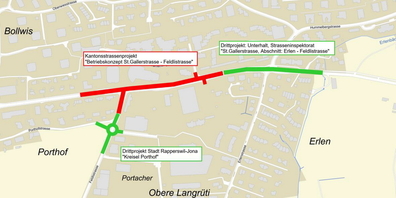 Das kantonale Projekt Knoten Feldlistrasse (rot) und das städtische Projekt Kreisel Porthof (grün) werden im Mai 2023 koordiniert aufgelegt.
