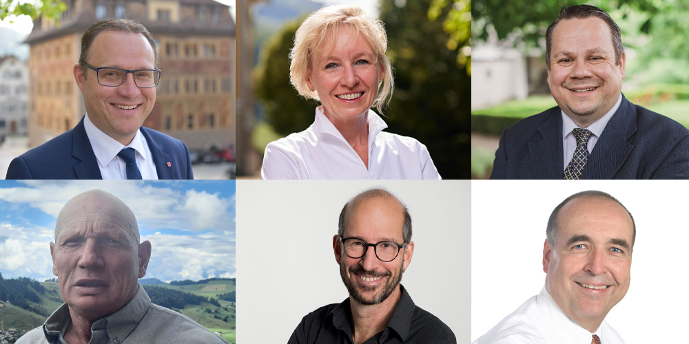 Oben (v.l.n.r.): Damian Meier (FDP), Ursula Louise Lindauer Segreff (GLP), Xaver Schuler (SVP). Unten (v.l.n.r.): Peter Abegg (parteilos), Patrick Notter (SP) und Jürg Rückmar (Aufrecht Schwyz). 