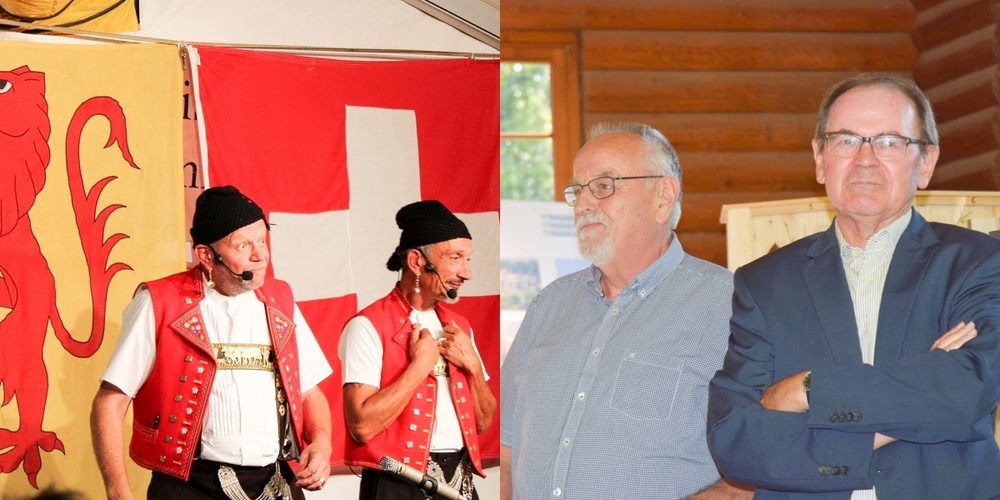 Das Appenzeller Comedy-Duo Messer & Gabel sorgte im Festzelt für Stimmung und rechts: Ruedi Mullis (l.) und Stefan Paradowski freuen sich über die gelungene Ausstellung zum 550 Jahre Jubiläum der Ortsgemeinde Benken.