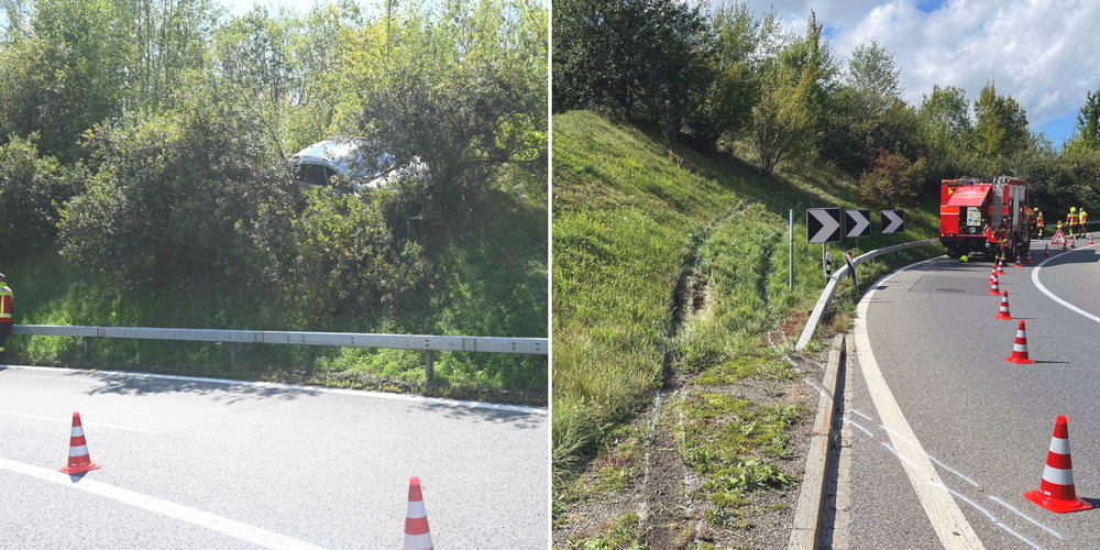 Das Auto geriet auf ein steiles Wiesenbord und wurde von einem Strauch gestoppt. Die Feuerwehr (r.) half bei der Bergung des total beschädigten Autos.