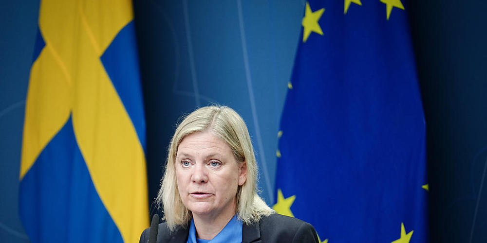 Magdalena Andersson, Ministerpräsidentin von Schweden, gibt eine Pressekonferenz. Foto: Kay Nietfeld/dpa